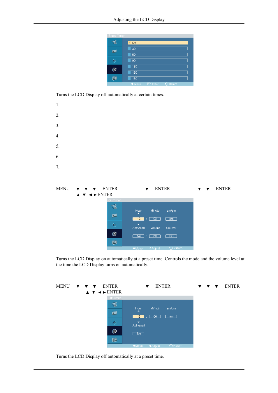 On timer, Off timer | Samsung 400MPN User Manual | Page 86 / 130
