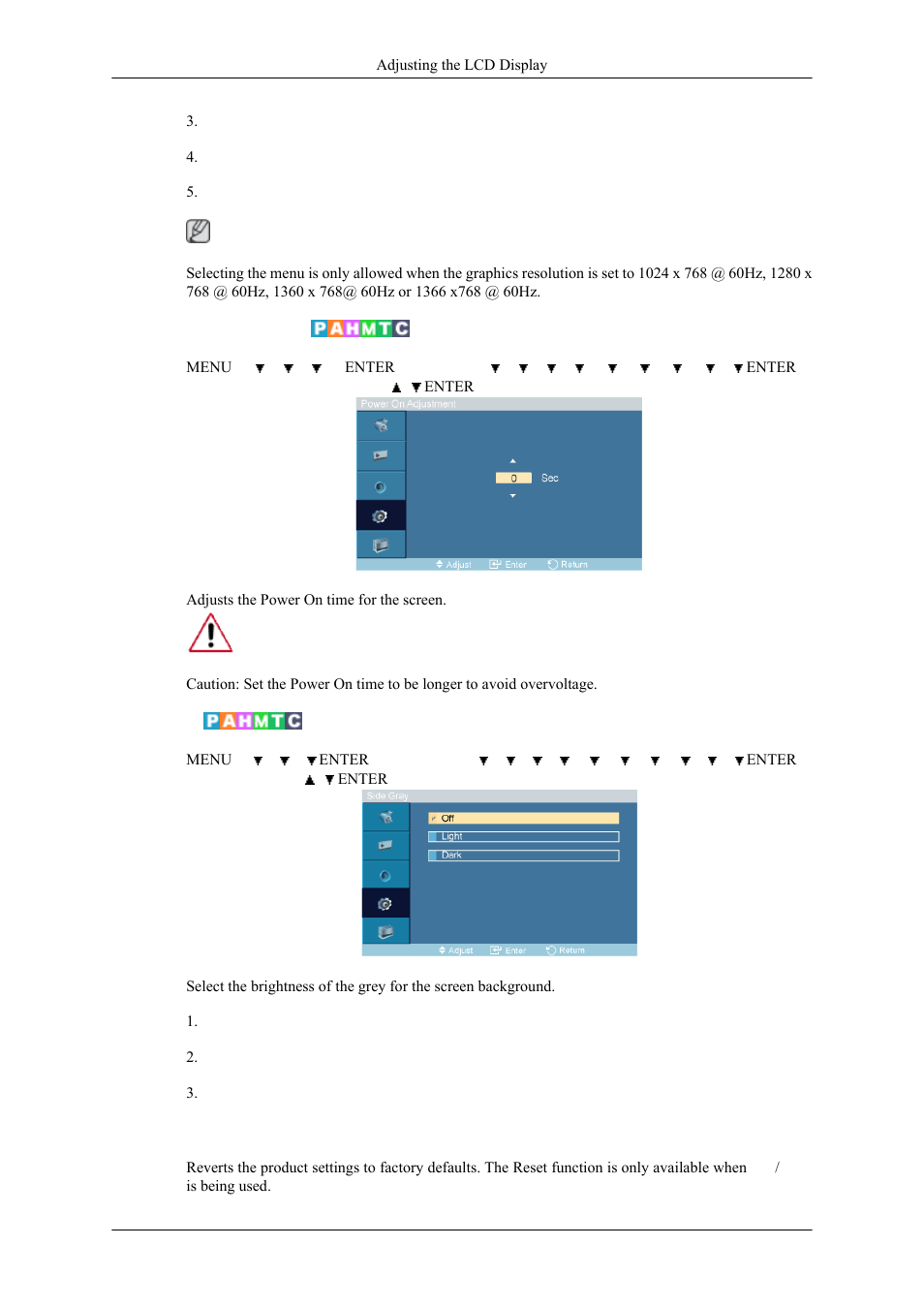 Power on adjustment, Side gray, Reset | Samsung 400MPN User Manual | Page 95 / 130
