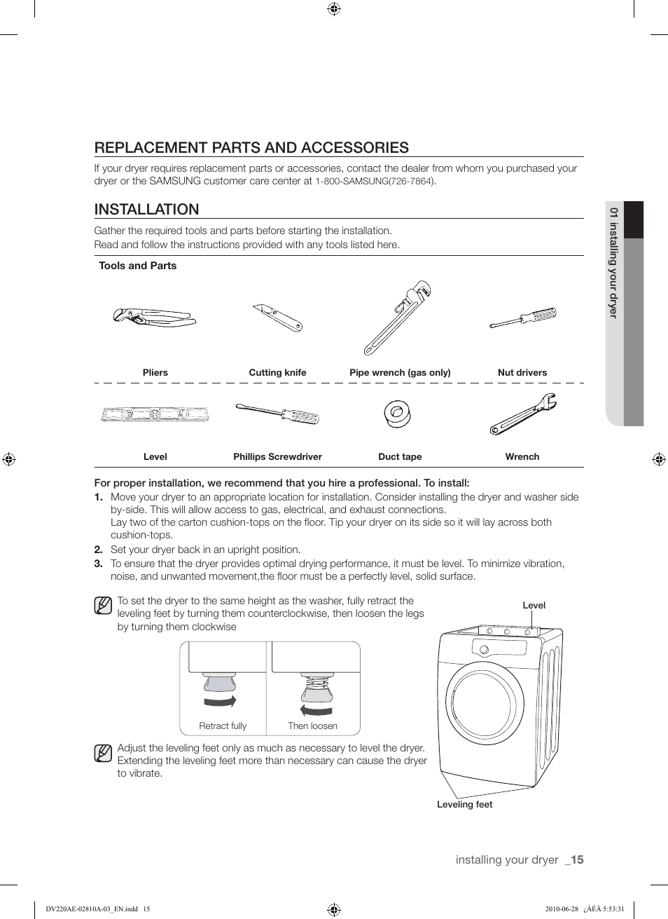 Replacement parts and accessories, Installation | Samsung DV220AG* User Manual | Page 15 / 68