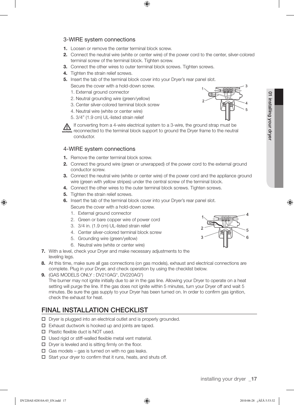 Final installation checklist | Samsung DV220AG* User Manual | Page 17 / 68
