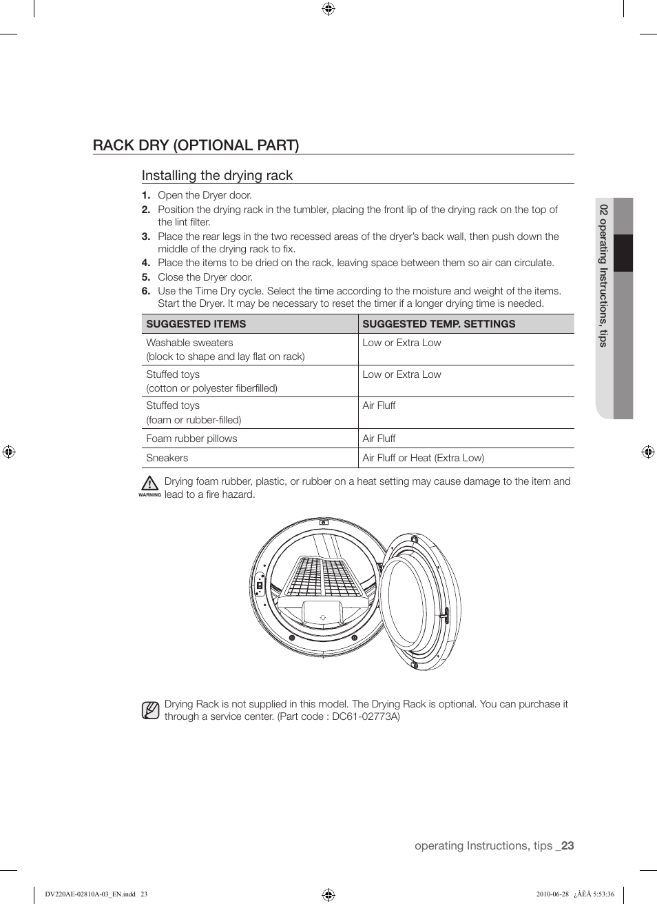 Rack dry (optional part), Installing the drying rack | Samsung DV220AG* User Manual | Page 23 / 68