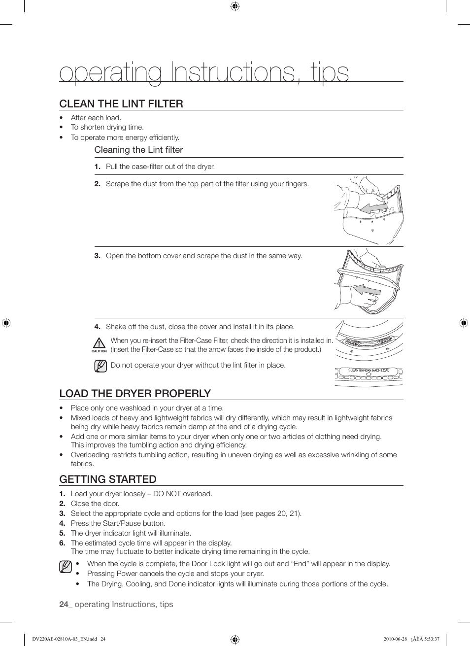 Operating instructions, tips, Clean the lint filter, Load the dryer properly | Getting started | Samsung DV220AG* User Manual | Page 24 / 68