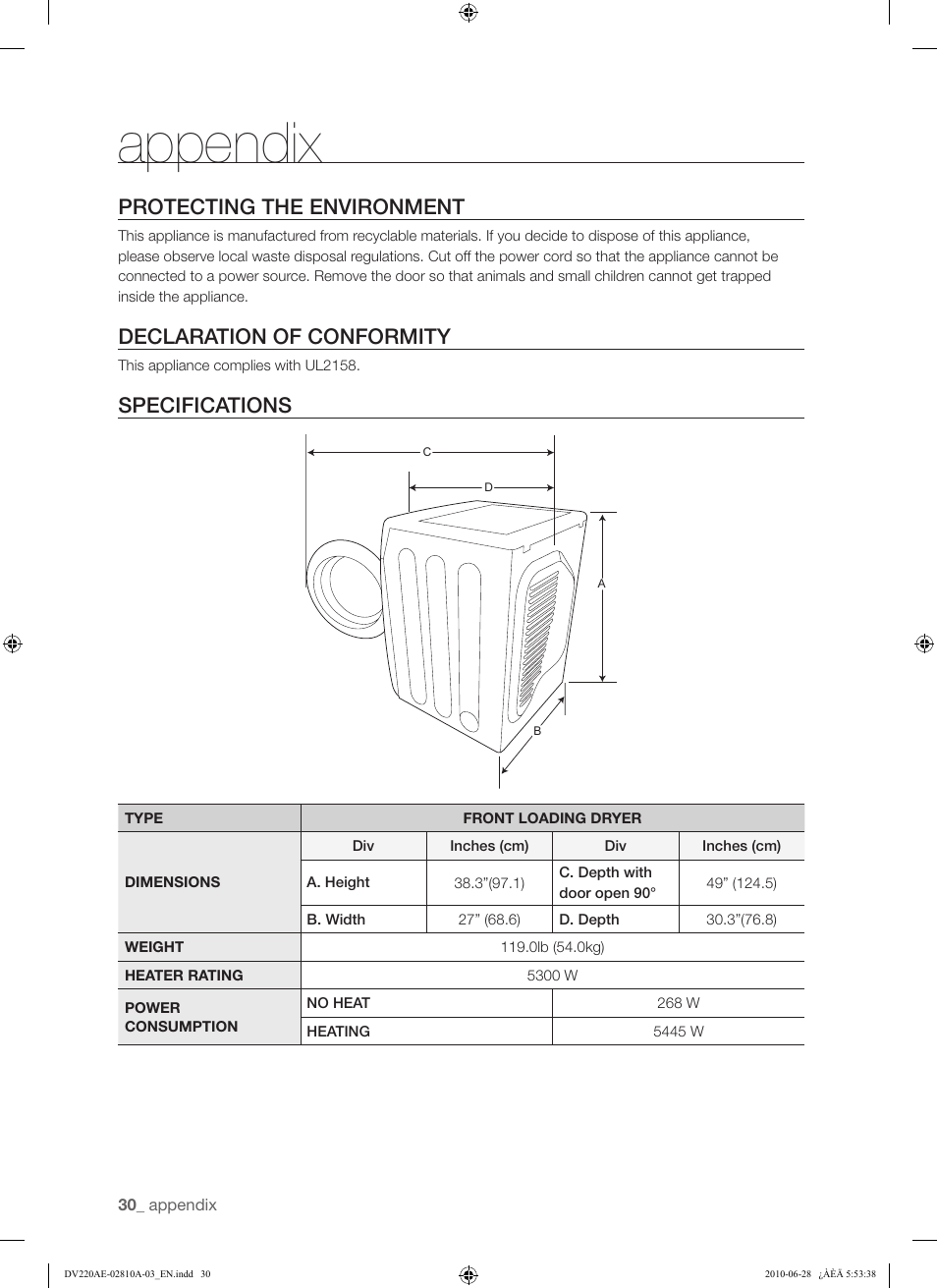 Appendix, Protecting the environment, Declaration of conformity | Specifications | Samsung DV220AG* User Manual | Page 30 / 68