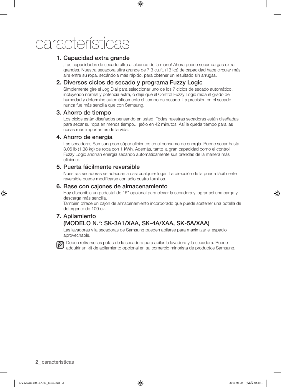 Características | Samsung DV220AG* User Manual | Page 36 / 68