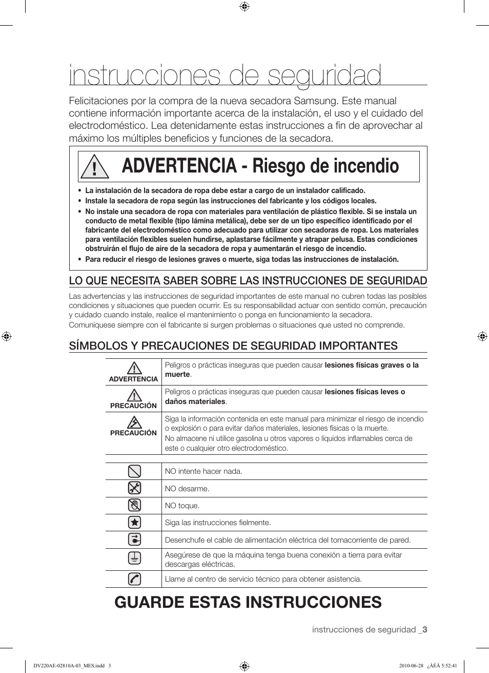 Instrucciones de seguridad, Advertencia - riesgo de incendio, Guarde estas instrucciones | Samsung DV220AG* User Manual | Page 37 / 68