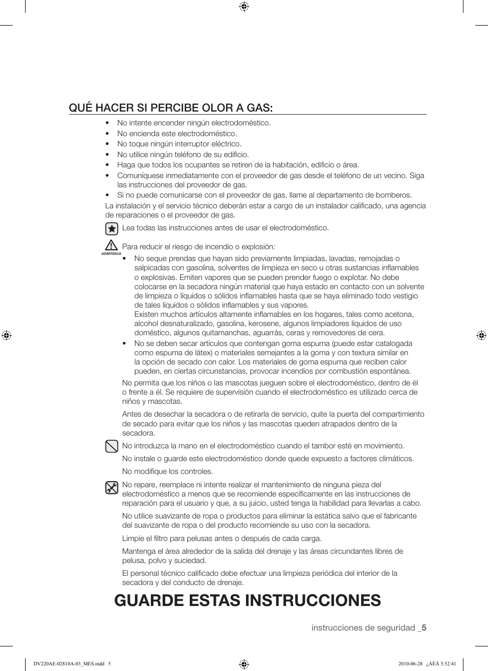 Guarde estas instrucciones, Qué hacer si percibe olor a gas | Samsung DV220AG* User Manual | Page 39 / 68
