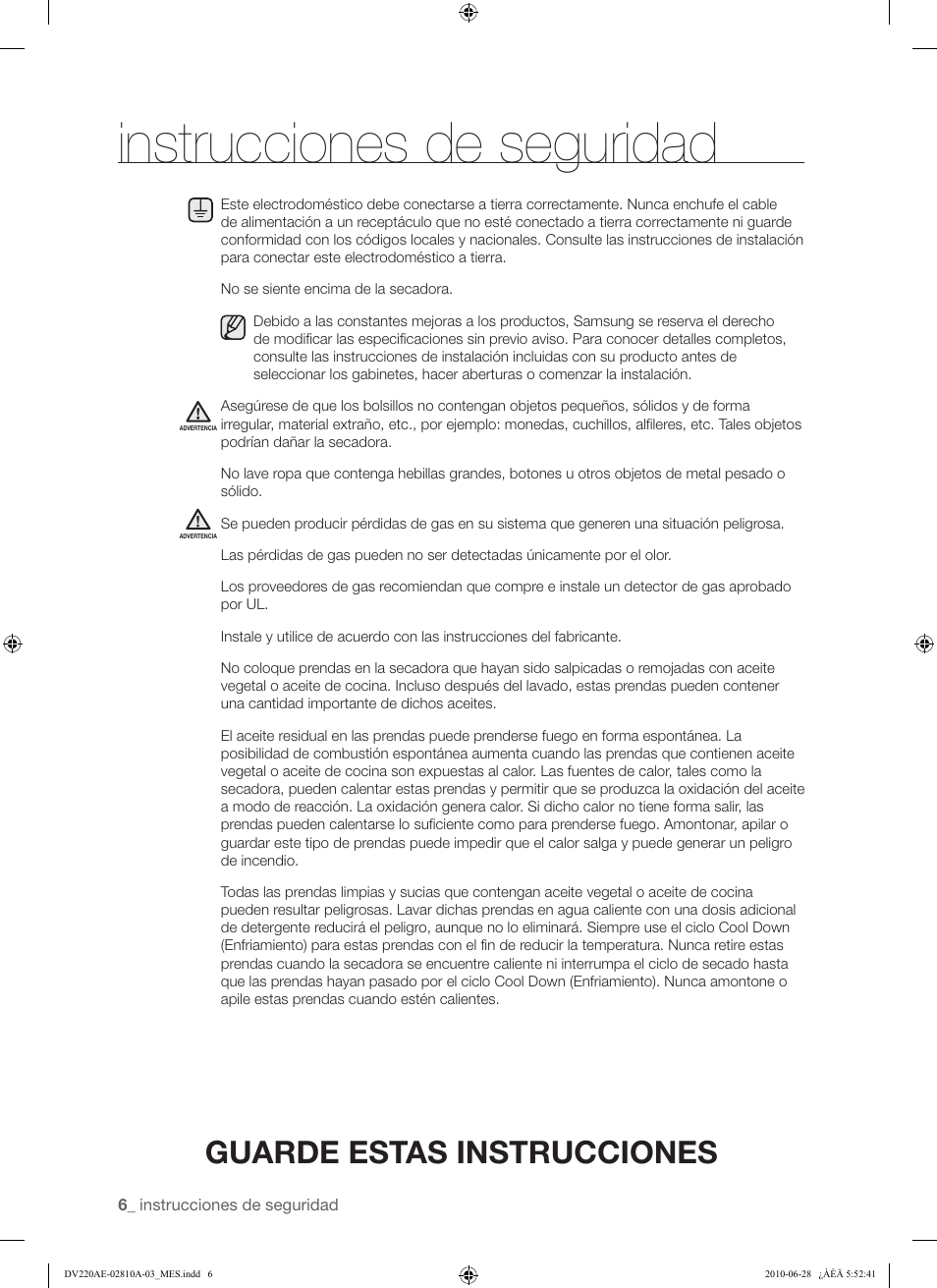 Instrucciones de seguridad, Guarde estas instrucciones | Samsung DV220AG* User Manual | Page 40 / 68
