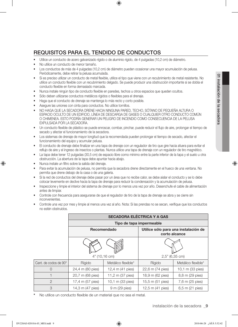 Requisitos para el tendido de conductos | Samsung DV220AG* User Manual | Page 43 / 68