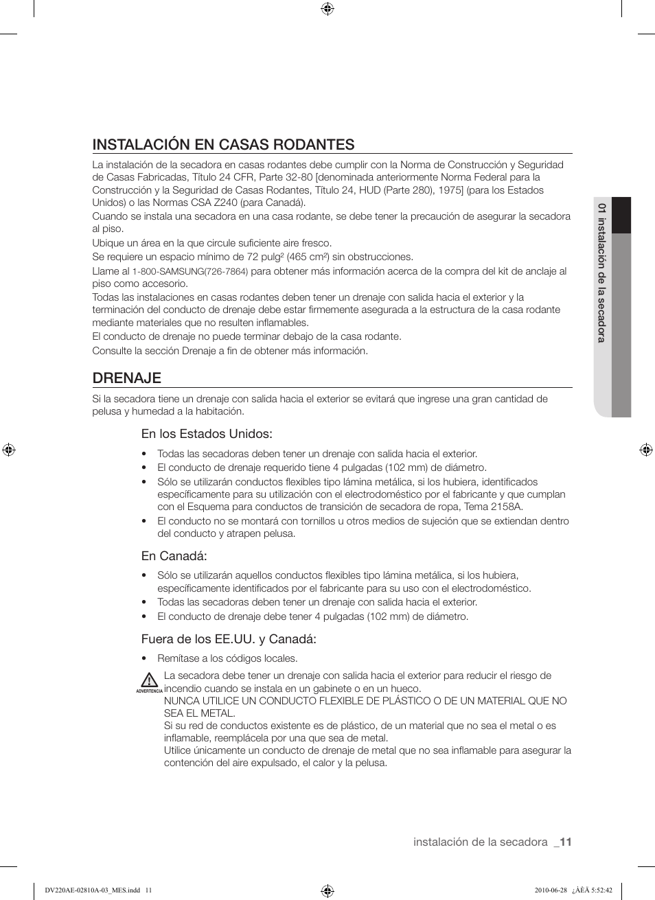 Instalación en casas rodantes, Drenaje | Samsung DV220AG* User Manual | Page 45 / 68