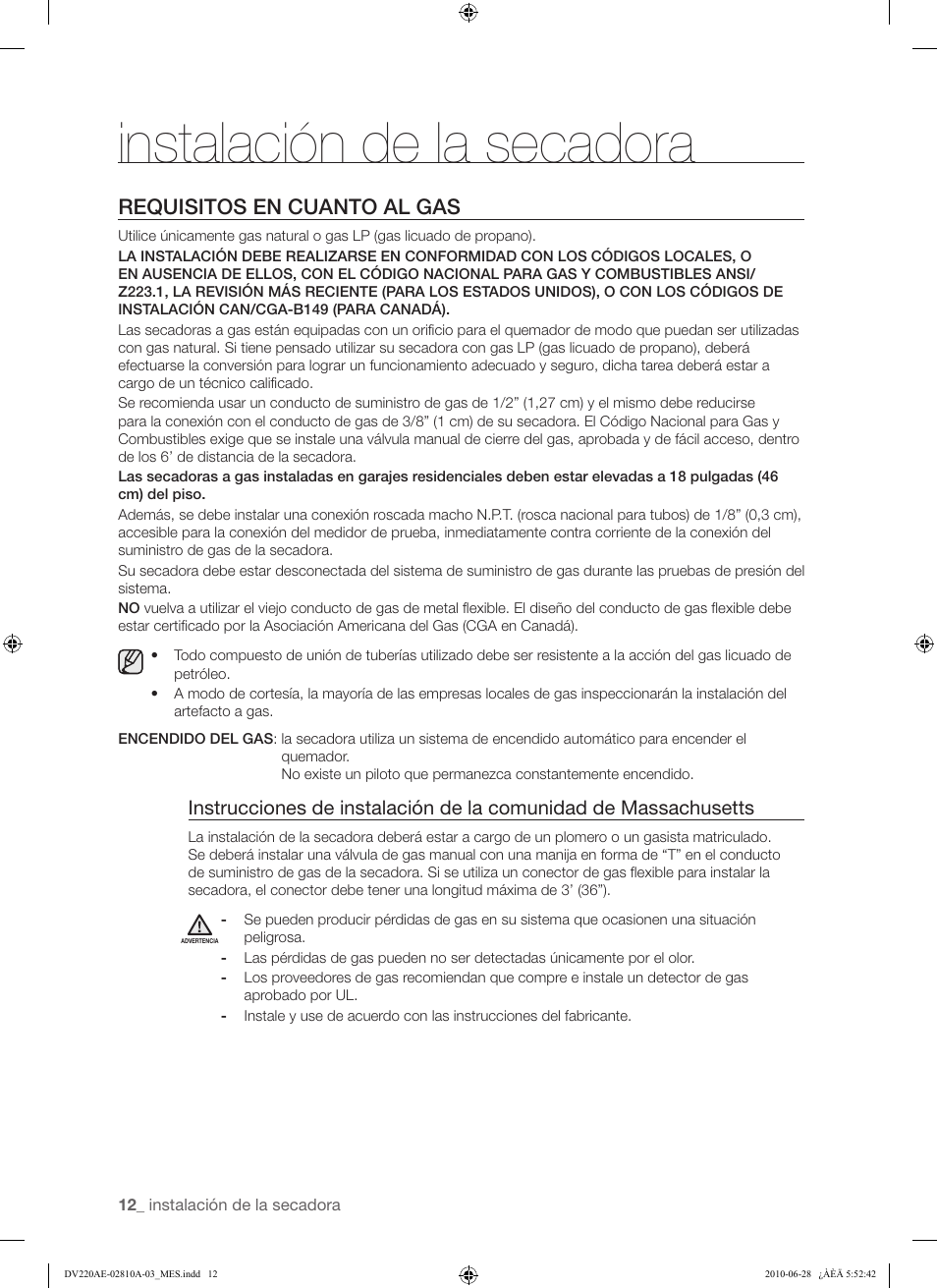 Instalación de la secadora, Requisitos en cuanto al gas | Samsung DV220AG* User Manual | Page 46 / 68