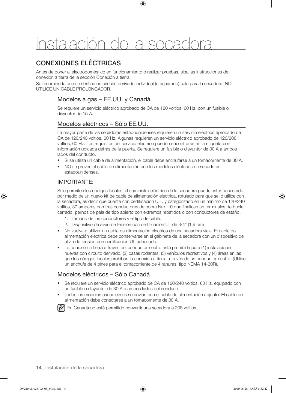 Instalación de la secadora, Conexiones eléctricas | Samsung DV220AG* User Manual | Page 48 / 68