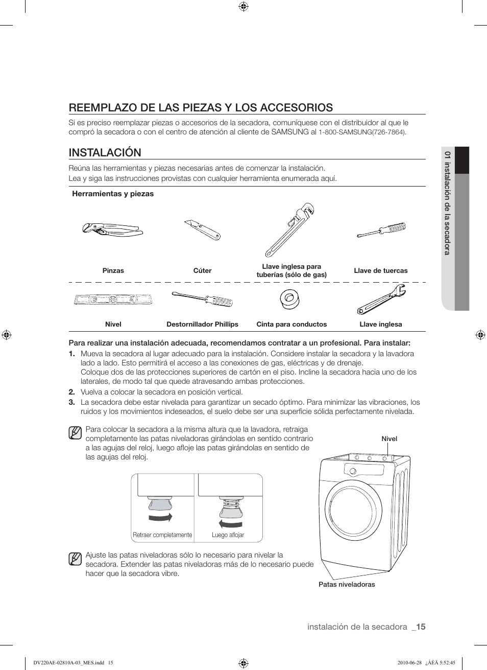 Reemplazo de las piezas y los accesorios, Instalación | Samsung DV220AG* User Manual | Page 49 / 68