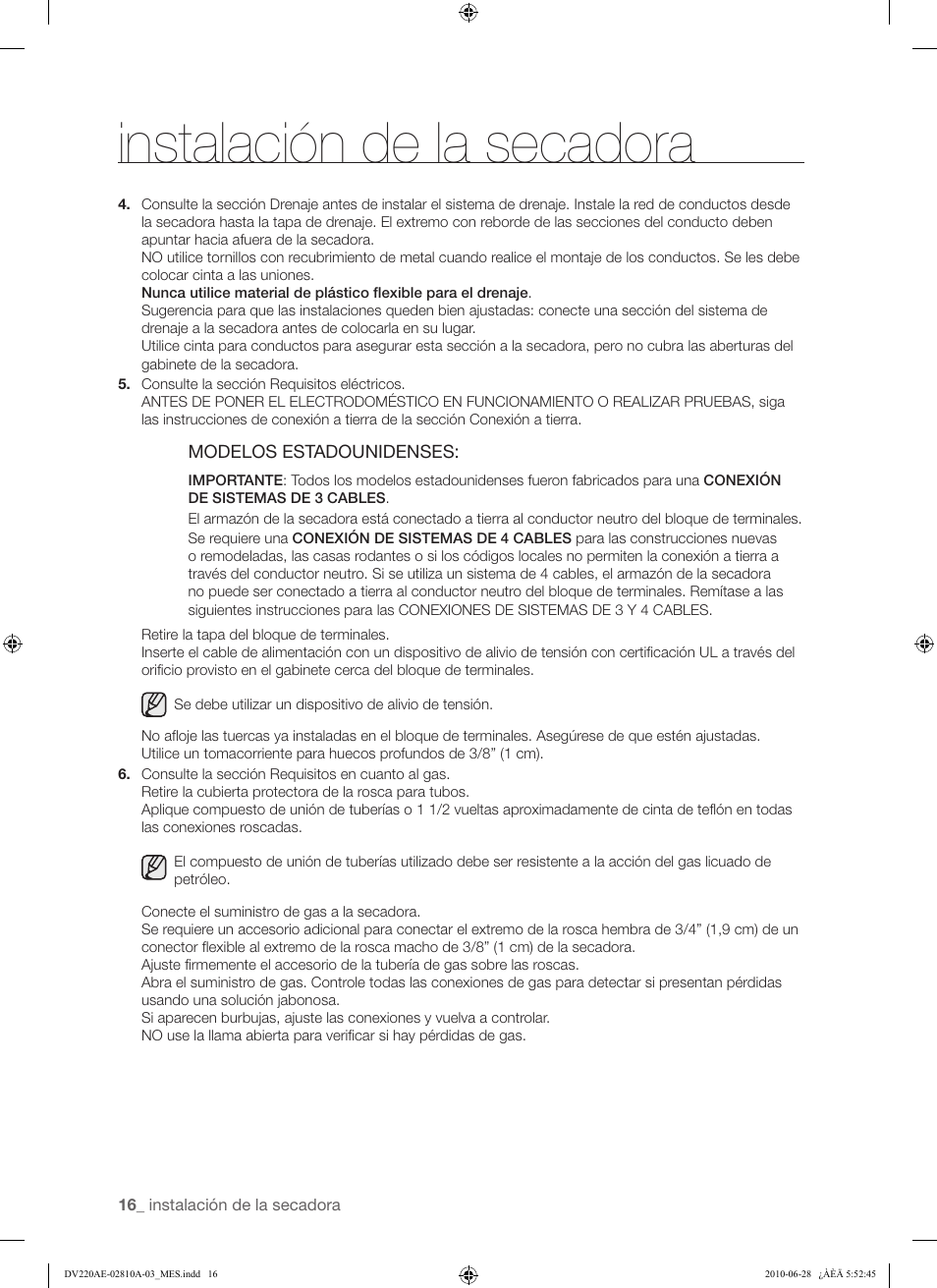 Instalación de la secadora | Samsung DV220AG* User Manual | Page 50 / 68