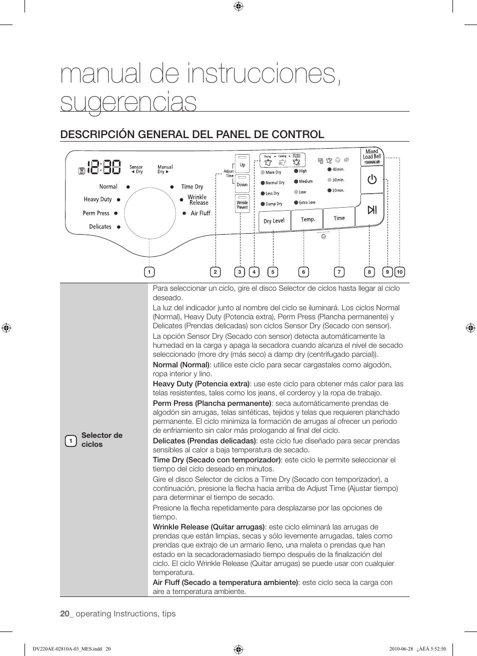 Manual de instrucciones, sugerencias, Descripción general del panel de control | Samsung DV220AG* User Manual | Page 54 / 68