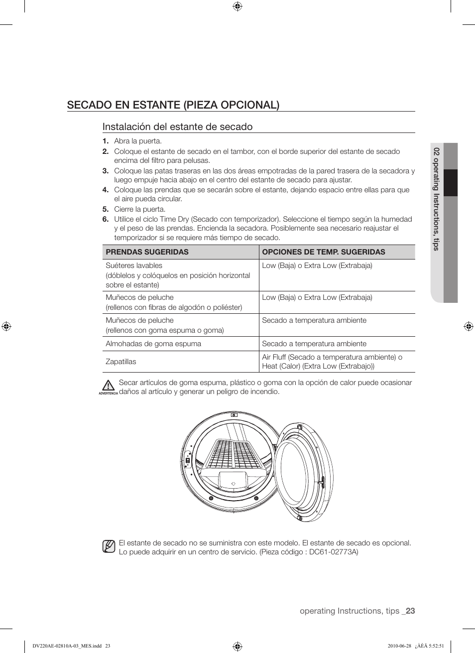 Secado en estante (pieza opcional), Instalación del estante de secado | Samsung DV220AG* User Manual | Page 57 / 68
