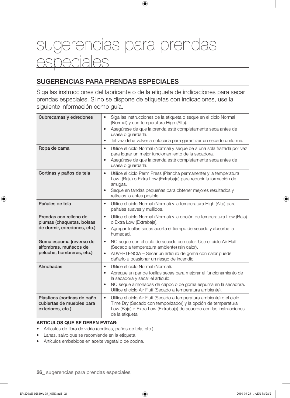 Sugerencias para prendas especiales | Samsung DV220AG* User Manual | Page 60 / 68