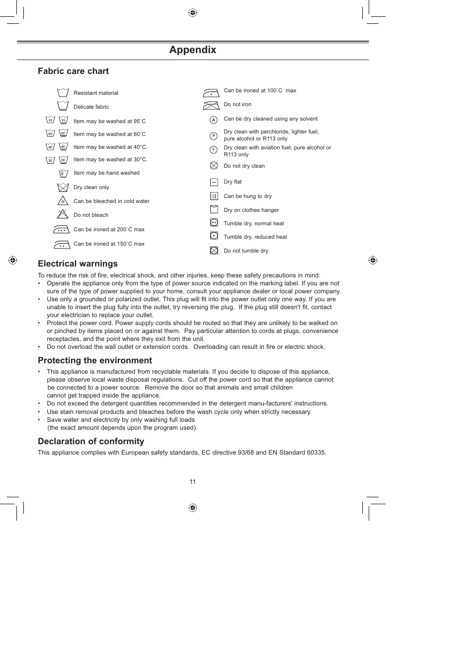 Appendix, Fabric care chart electrical warnings, Protecting the environment | Declaration of conformity | Samsung J1253 (V/S) User Manual | Page 11 / 12