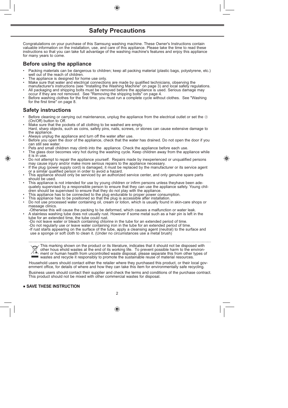 Safety precautions, Before using the appliance, Safety instructions | Samsung J1253 (V/S) User Manual | Page 2 / 12
