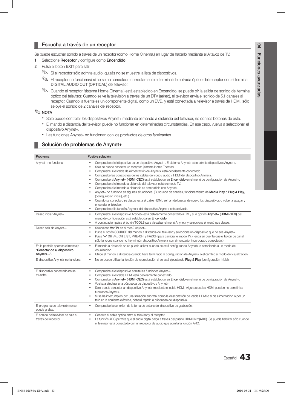 Escucha a través de un receptor, Solución de problemas de anynet | Samsung 750 User Manual | Page 103 / 184