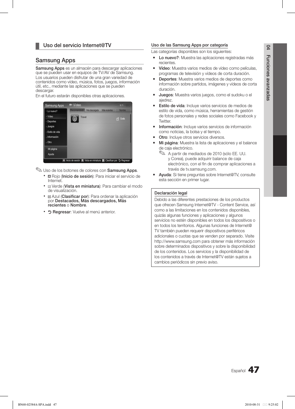 Samsung apps, Uso del servicio internet@tv | Samsung 750 User Manual | Page 107 / 184