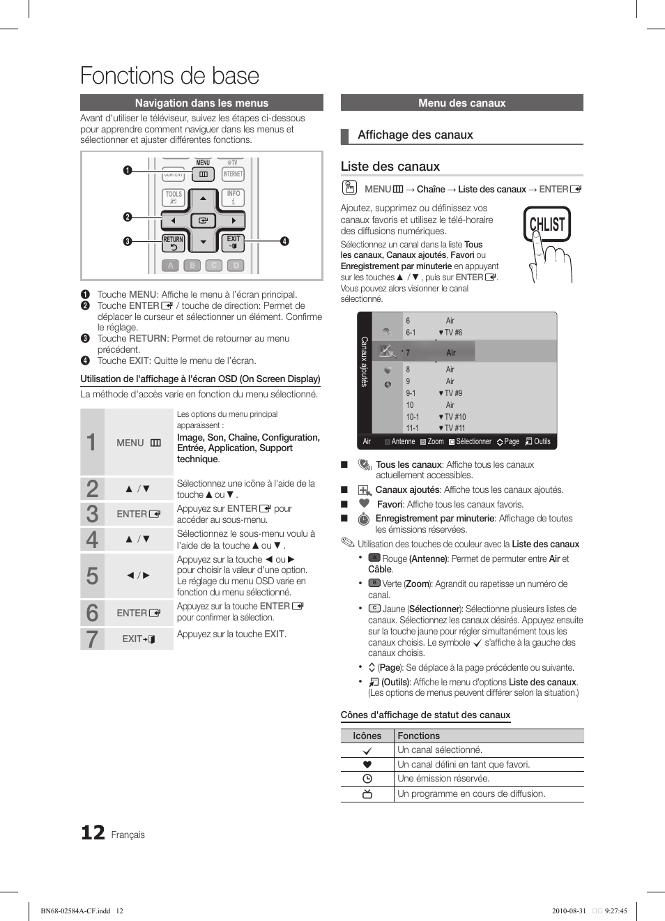 Fonctions de base, Liste des canaux, Power | Samsung 750 User Manual | Page 134 / 184