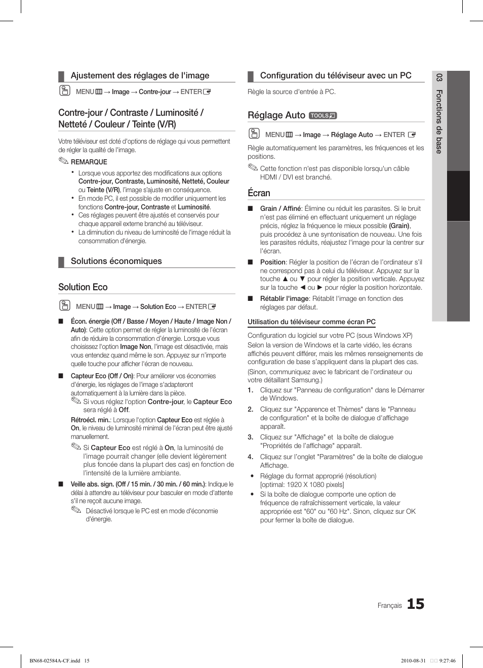 Solution eco, Réglage auto, Écran | Samsung 750 User Manual | Page 137 / 184