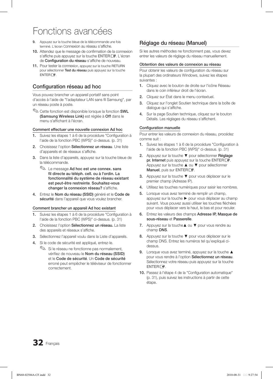 Fonctions avancées, Configuration réseau ad hoc, Réglage du réseau (manuel) | Samsung 750 User Manual | Page 154 / 184