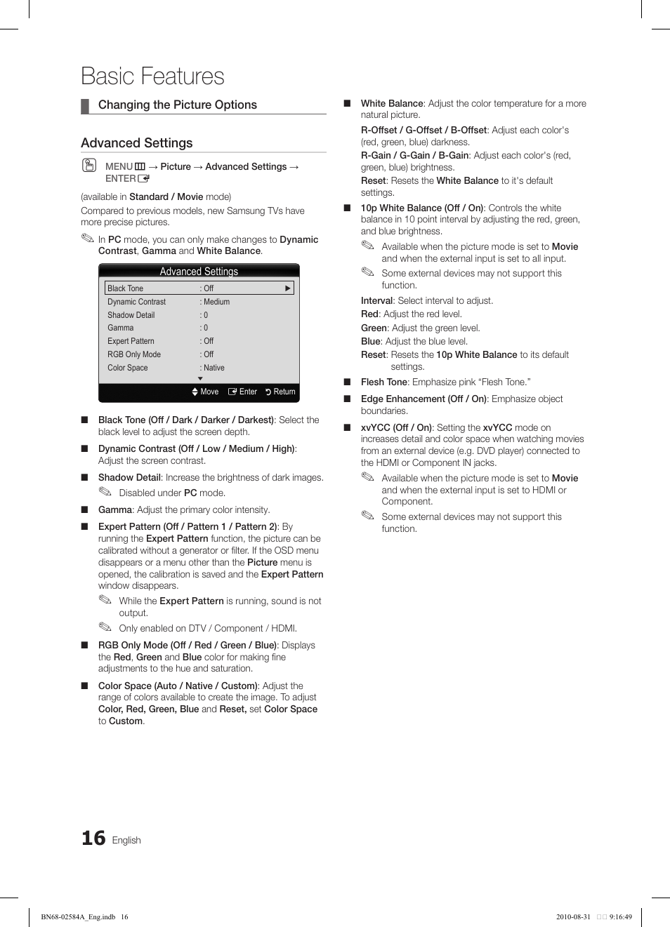 Basic features, Advanced settings | Samsung 750 User Manual | Page 16 / 184