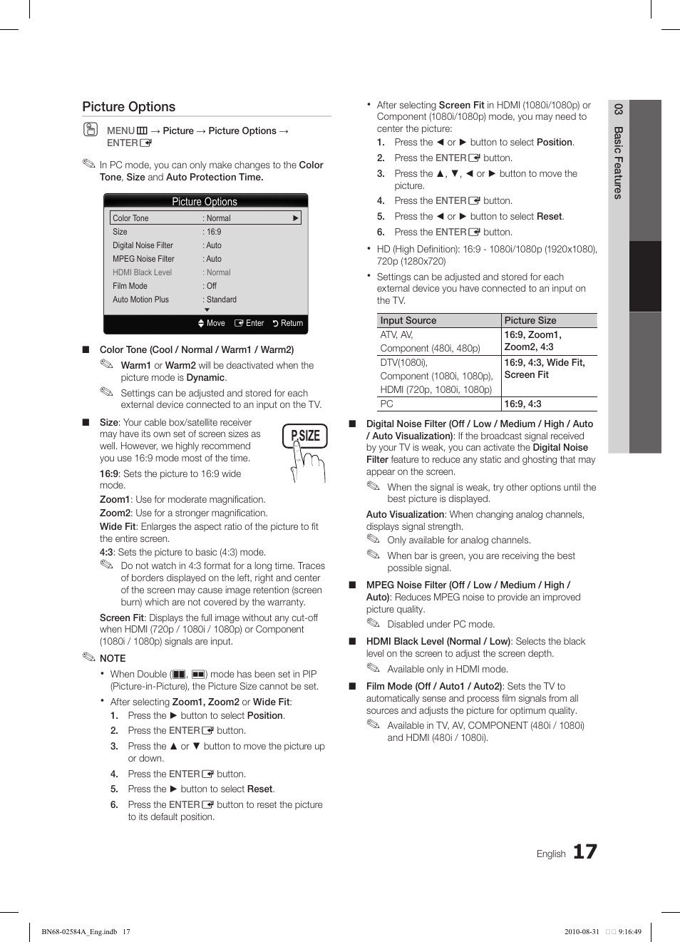 Yahoo ch list, Picture options, Tv internet | Samsung 750 User Manual | Page 17 / 184