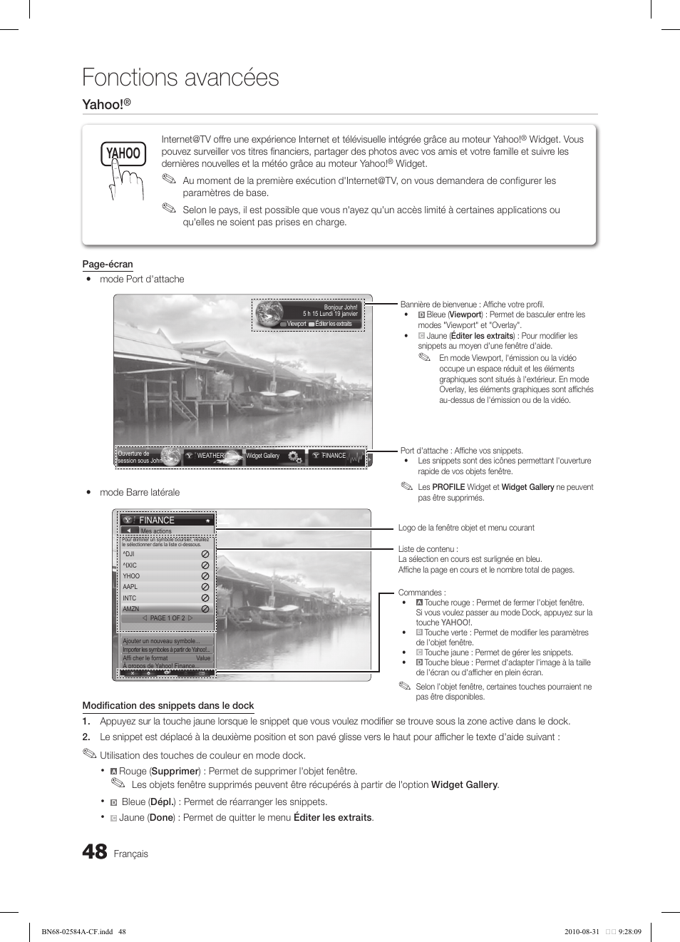 Fonctions avancées, Yahoo ch list, Yahoo | Tv internet | Samsung 750 User Manual | Page 170 / 184
