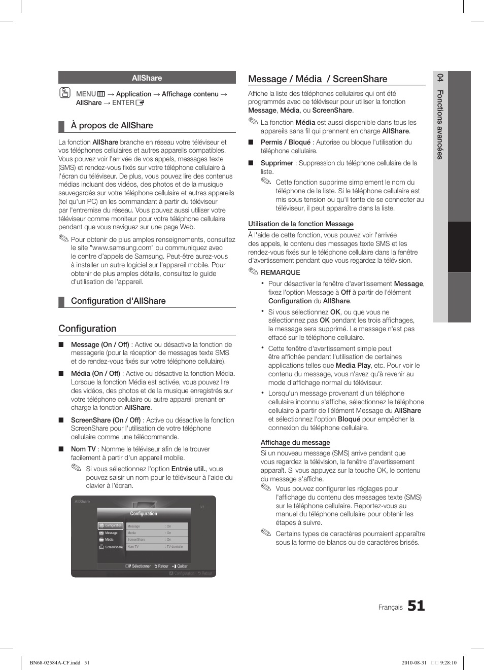 Configuration, Message / média / screenshare | Samsung 750 User Manual | Page 173 / 184