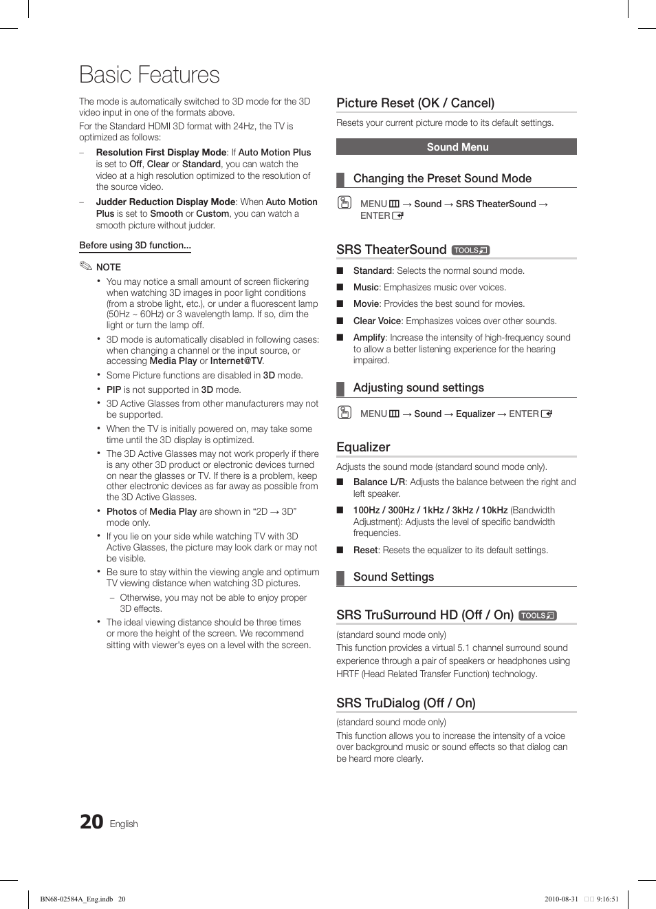 Basic features, Picture reset (ok / cancel), Srs theatersound | Equalizer, Srs trusurround hd (off / on), Srs trudialog (off / on) | Samsung 750 User Manual | Page 20 / 184
