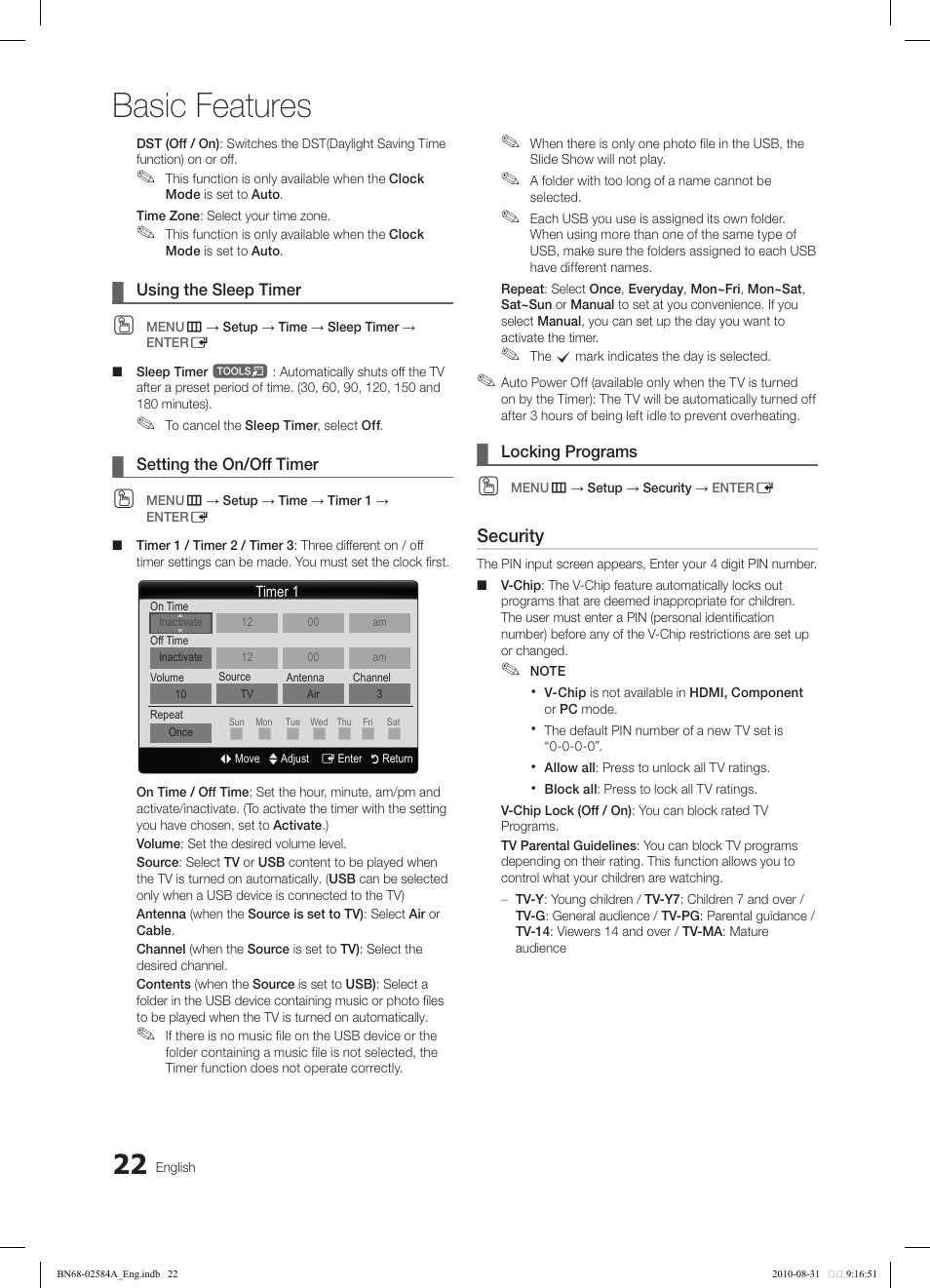 Basic features, Security | Samsung 750 User Manual | Page 22 / 184