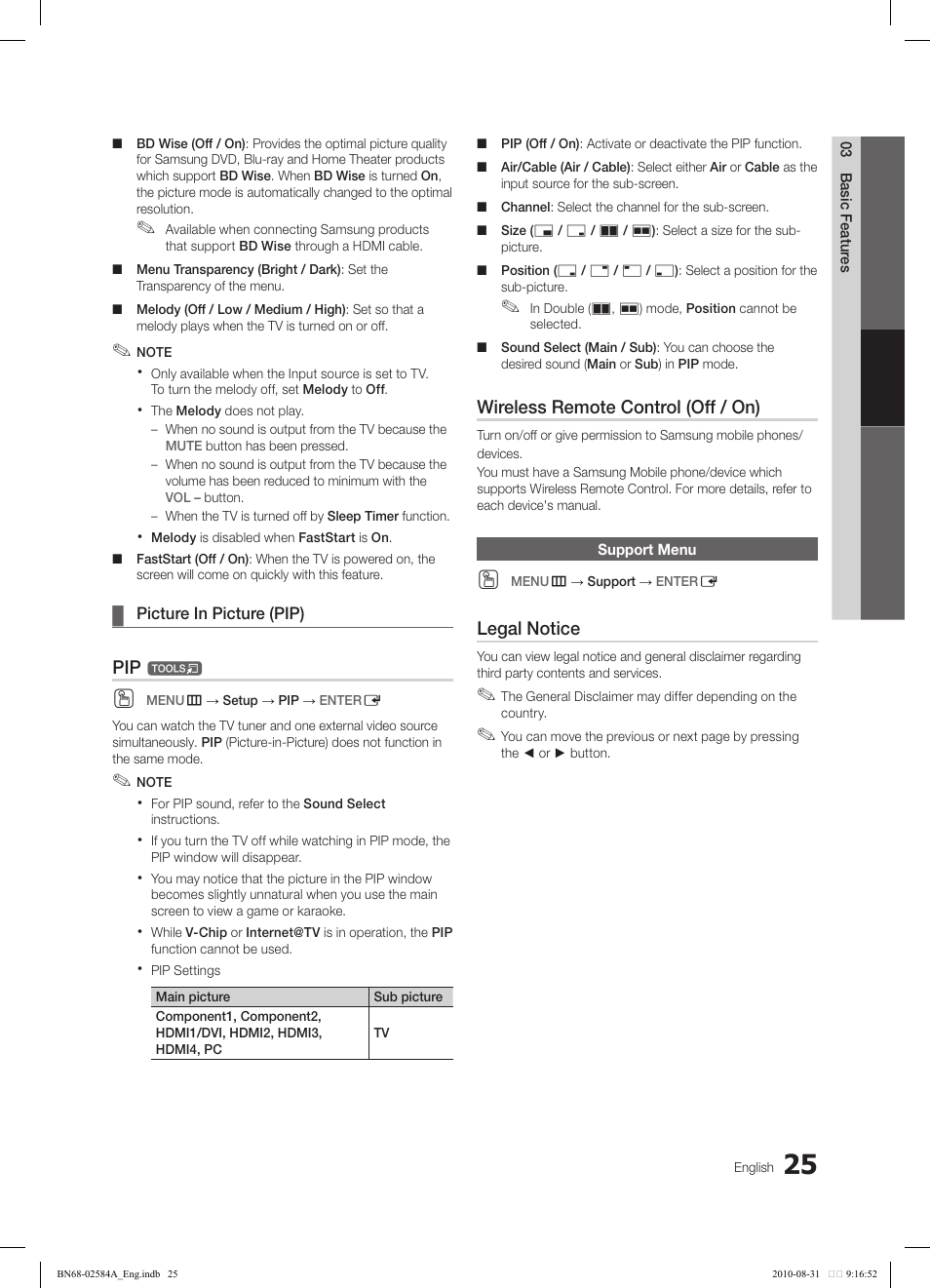 Wireless remote control (off / on), Legal notice | Samsung 750 User Manual | Page 25 / 184