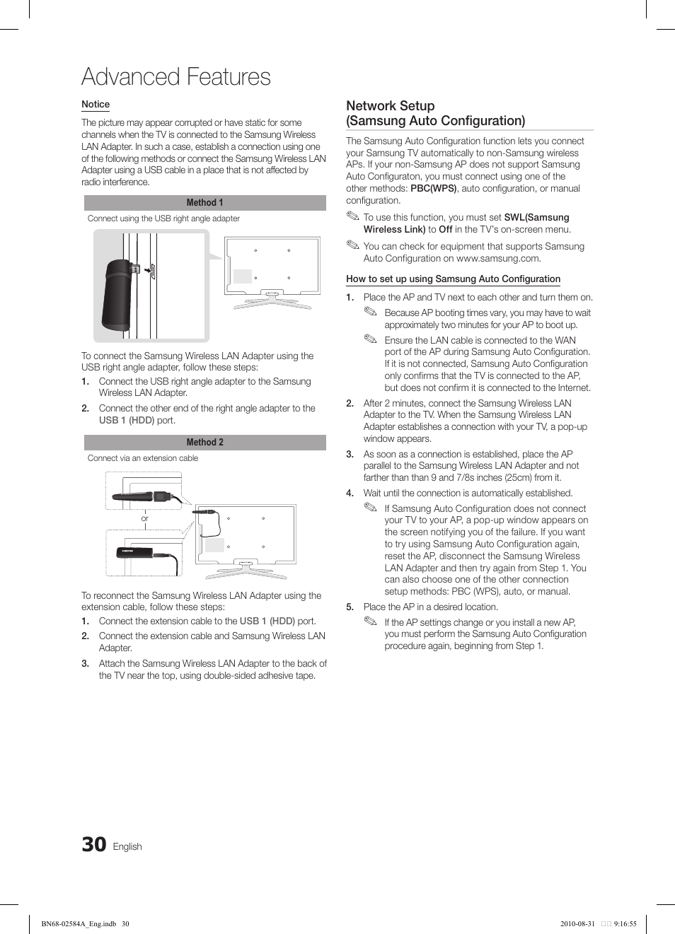 Advanced features, Network setup (samsung auto configuration) | Samsung 750 User Manual | Page 30 / 184
