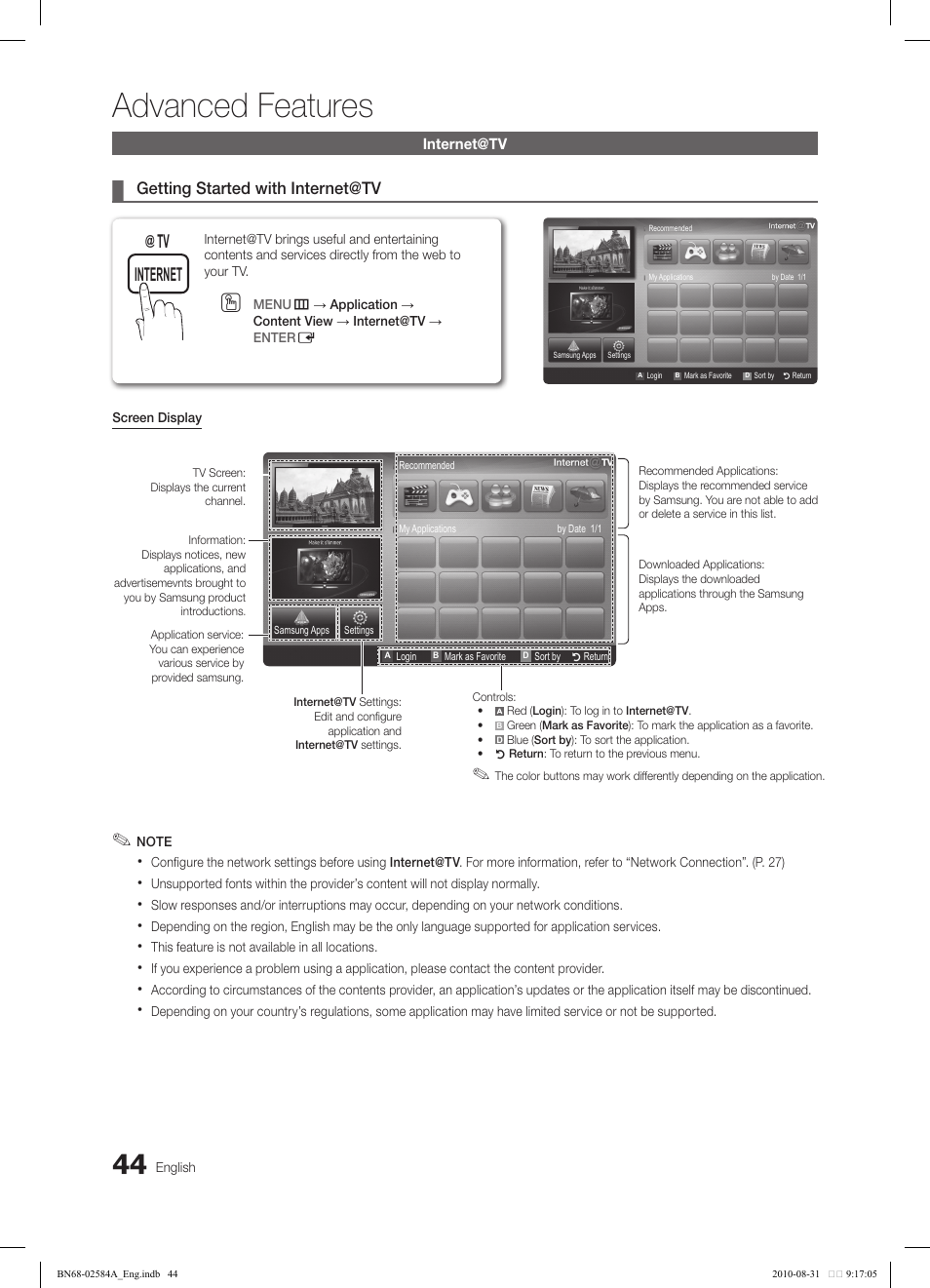 Advanced features, Yahoo ch list, Tv internet | Samsung 750 User Manual | Page 44 / 184
