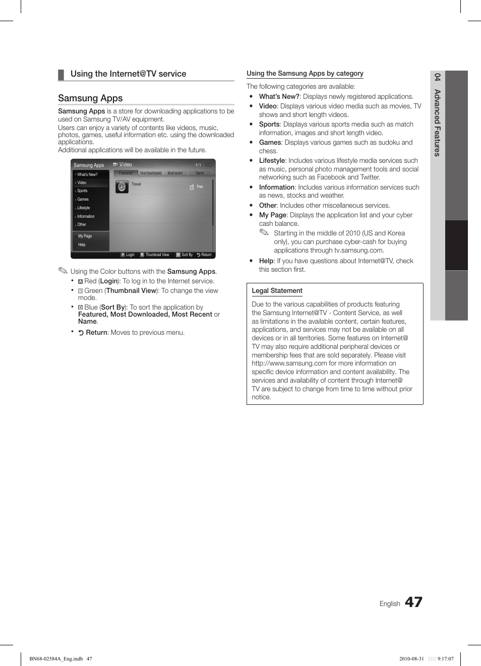 Samsung apps, Using the internet@tv service | Samsung 750 User Manual | Page 47 / 184