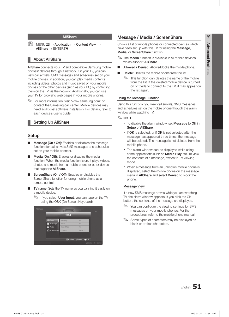 Setup, Message / media / screenshare | Samsung 750 User Manual | Page 51 / 184