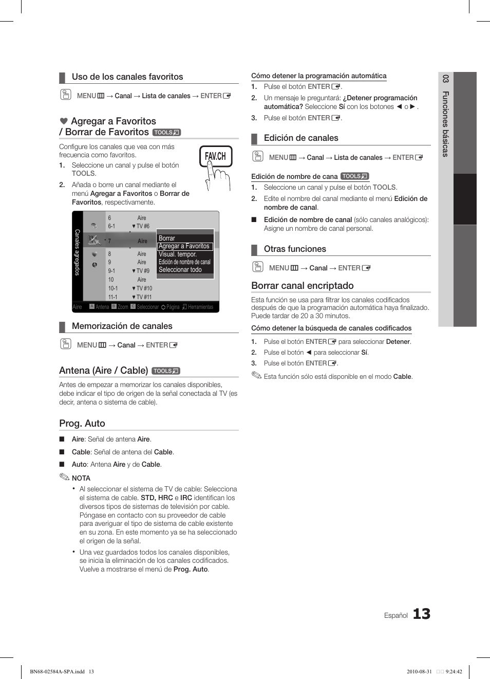 Agregar a favoritos / borrar de favoritos, Antena (aire / cable), Prog. auto | Borrar canal encriptado | Samsung 750 User Manual | Page 73 / 184