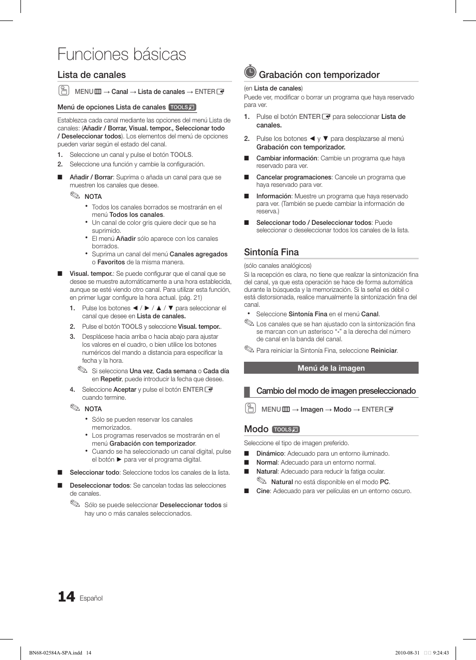 Funciones básicas, Lista de canales, Grabación con temporizador | Sintonía fina, Modo | Samsung 750 User Manual | Page 74 / 184