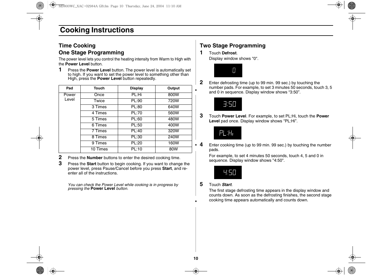 Cooking instructions | Samsung MD800 User Manual | Page 10 / 20