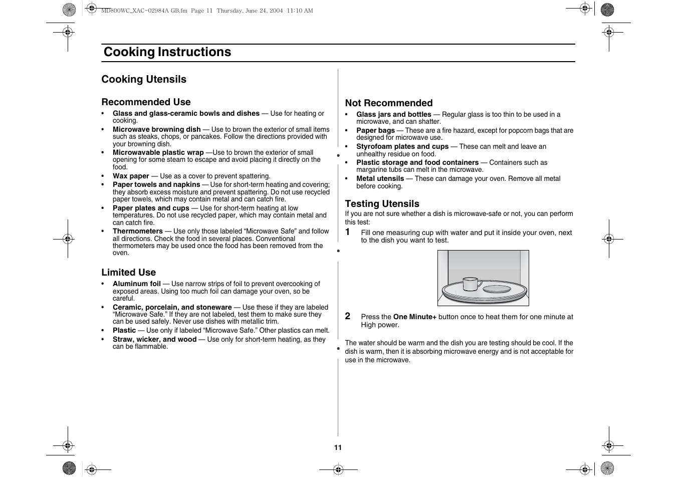 Cooking instructions | Samsung MD800 User Manual | Page 11 / 20