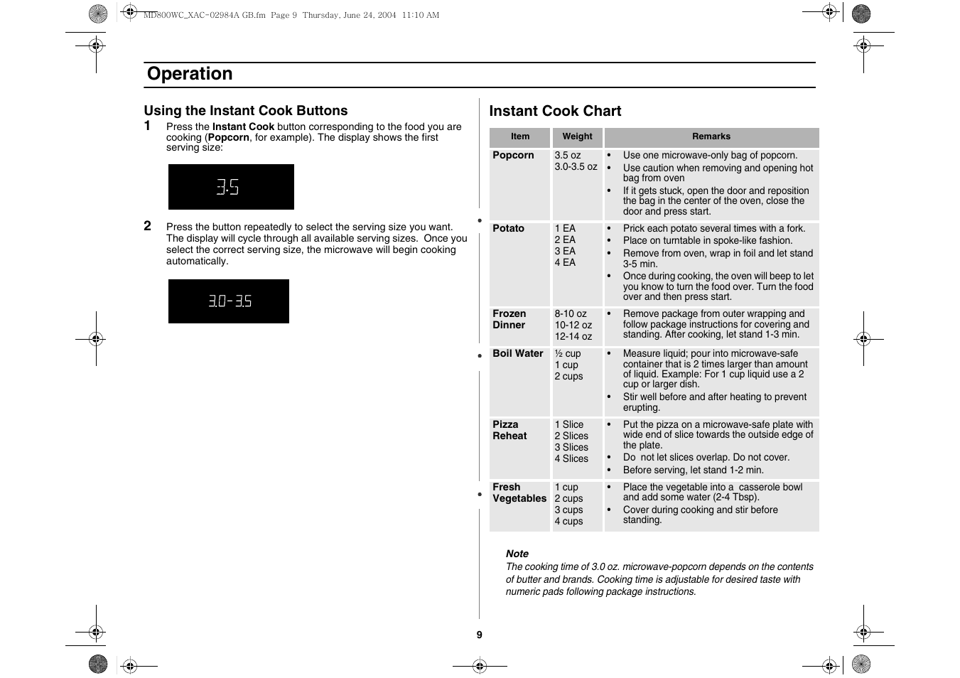 Operation, Instant cook chart | Samsung MD800 User Manual | Page 9 / 20