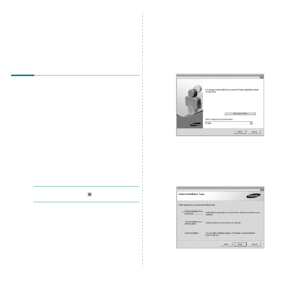 Installing printer software in windows, Installing printer software, Installing software for local printing | Chapter 1 | Samsung SCX-6322DN User Manual | Page 107 / 148