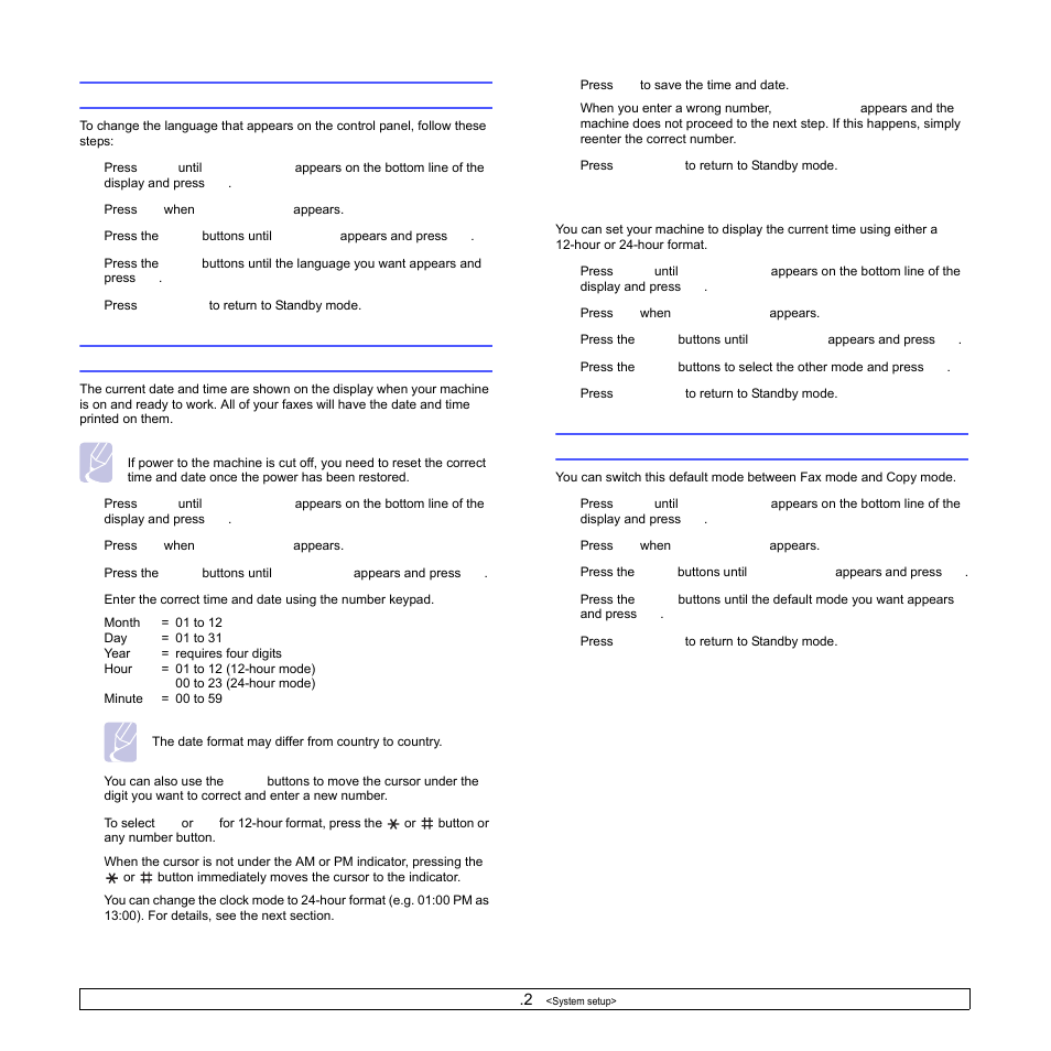 Changing the display language, Setting the date and time, Changing the clock mode | Changing the default mode | Samsung SCX-6322DN User Manual | Page 17 / 148
