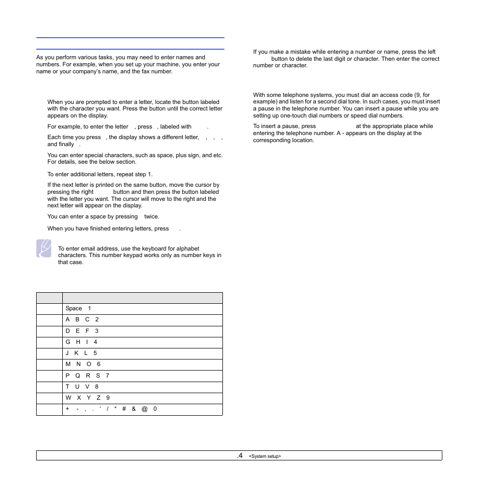 Entering characters using the number keypad, Entering alphanumeric characters, Keypad letters and numbers | Correcting numbers or names, Inserting a pause | Samsung SCX-6322DN User Manual | Page 19 / 148