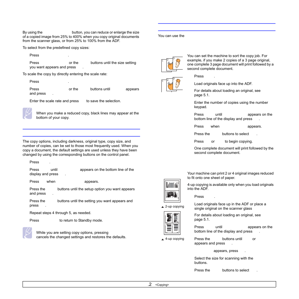 Reduced or enlarged copy, Changing the default copy settings, Using special copy features | Collation, Up or 4-up copying, Collation 2-up or 4-up copying | Samsung SCX-6322DN User Manual | Page 37 / 148