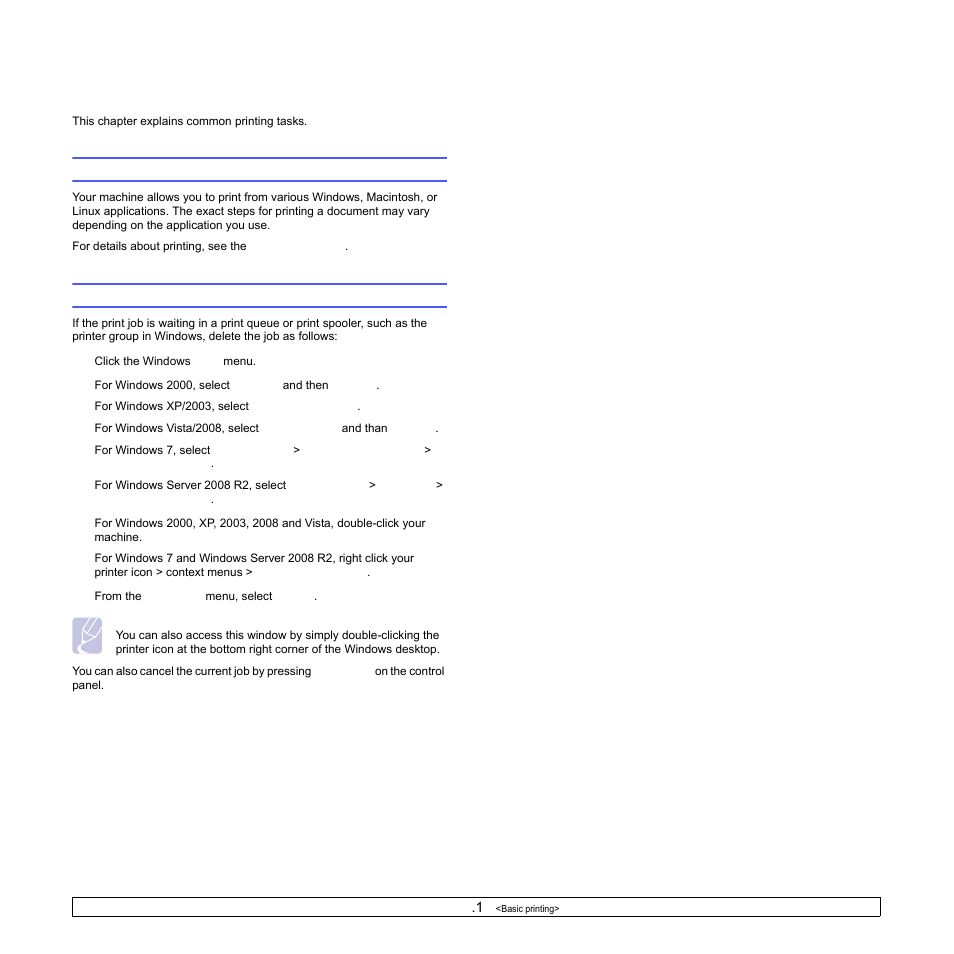 Basic printing, Printing a document, Canceling a print job | Printing a document canceling a print job | Samsung SCX-6322DN User Manual | Page 43 / 148