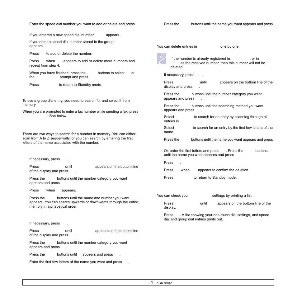 Searching phone book for an entry, Deleting a phone book entry, Printing phone book | Samsung SCX-6322DN User Manual | Page 64 / 148