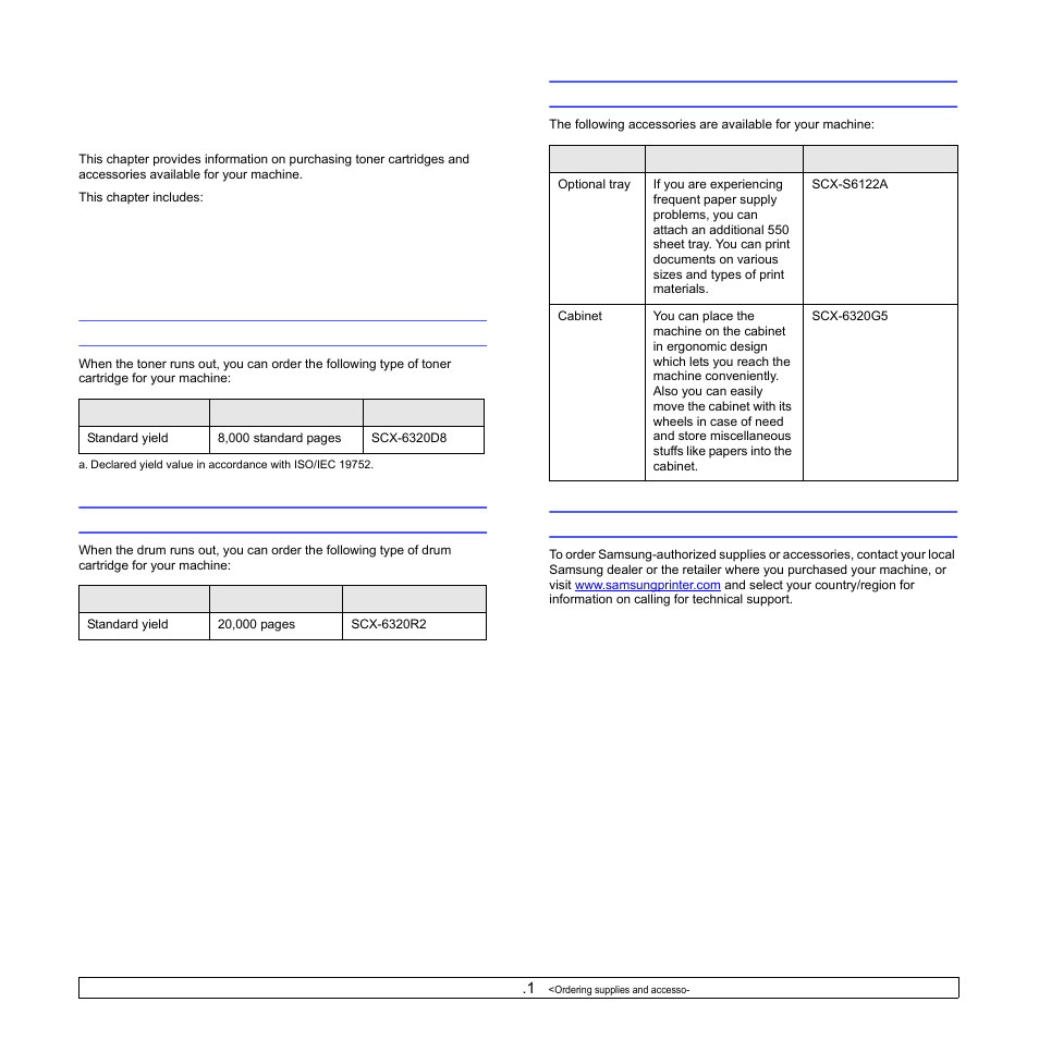 Ordering supplies and accessories, Toner cartridge, Drum cartridge | Accessories, How to purchase, Toner cartridge drum cartridge accessories | Samsung SCX-6322DN User Manual | Page 67 / 148